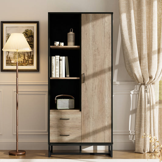 Modern Highboard Cabinet 80x40x180 Cm   Wood Look With Black Frame, With Door, 2 Drawers & 3 Open Compartments  Versatile Storage Space For Living Room, Office & Hallway