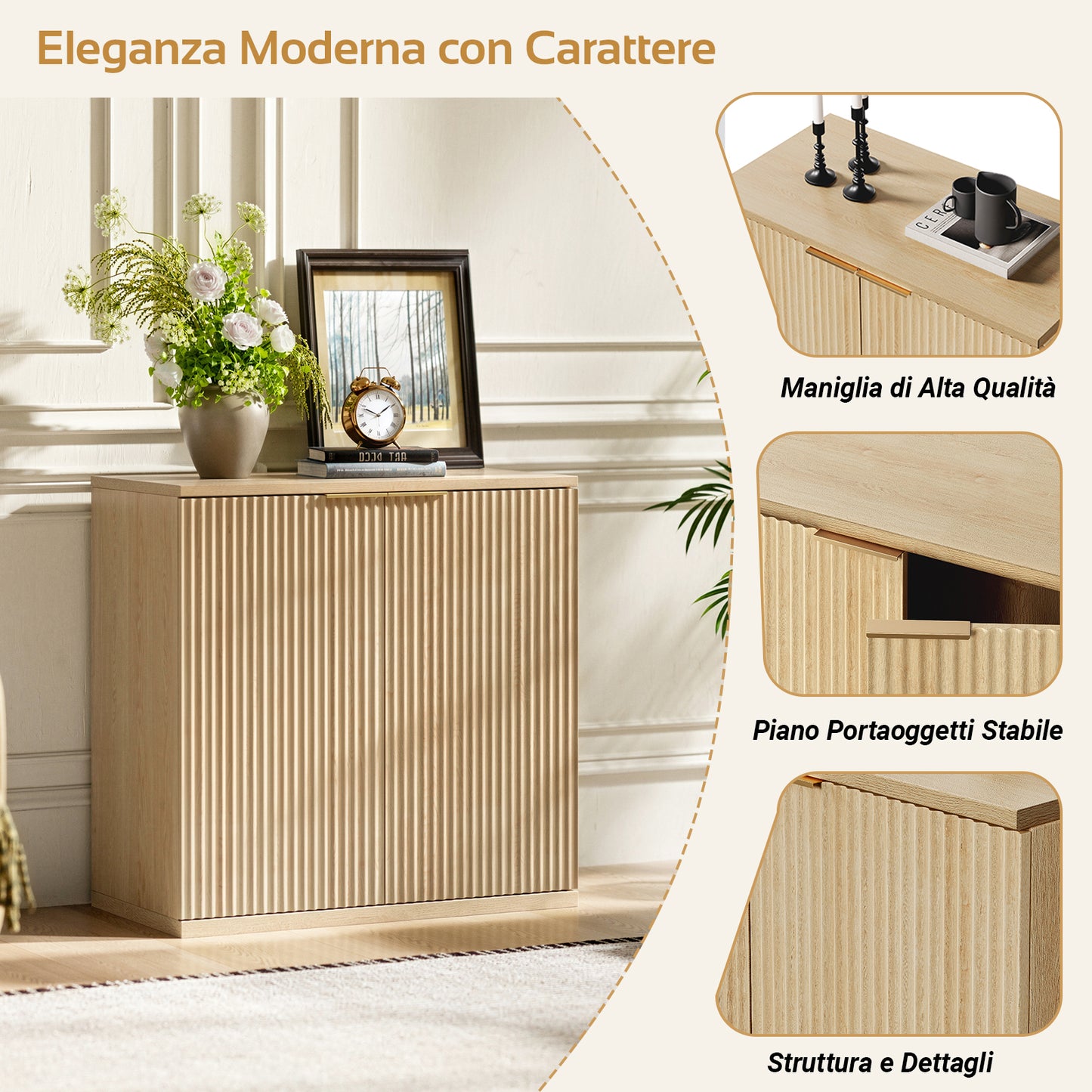 Modern Storage Cabinet With Pleated Front And Metal Handle, Multifunctional Sideboard Cabinet For Living Room & Bedroom, Natural Lightwood Decor, Oak, 60x30x70 Cm