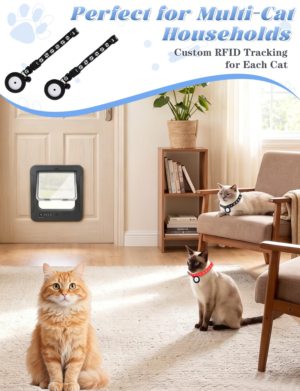 Smart Cat Door With 2 Collar Sensor Key,  Cat Door Collar Activated With Remote Control, 4 Way Locking Cat Flap Automatic Pet Door Interior & Exterior, Flap Opening