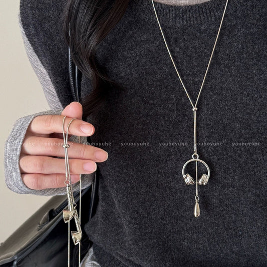 Silver Long Earring Pendant Necklace For Women Korean Style