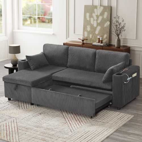 3 In 1 Convertible Corduroy Sofa Bed With Storage Chaise, L Shaped Sleeper Sofa Couches With Armrest Storage And Charging Station. Pullout Sectional Daybed For Living RoomBedroomOffice, Grey