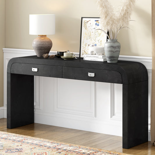 U-STYLE 60 Wooden Entryway Table With Burl Veneer  Console Table With 2 Large Drawers And Metal Handles Multi- Functional Sofa Table With 2 Sturdy Legs Suitable For Living Room  Foyer Hallway  Office