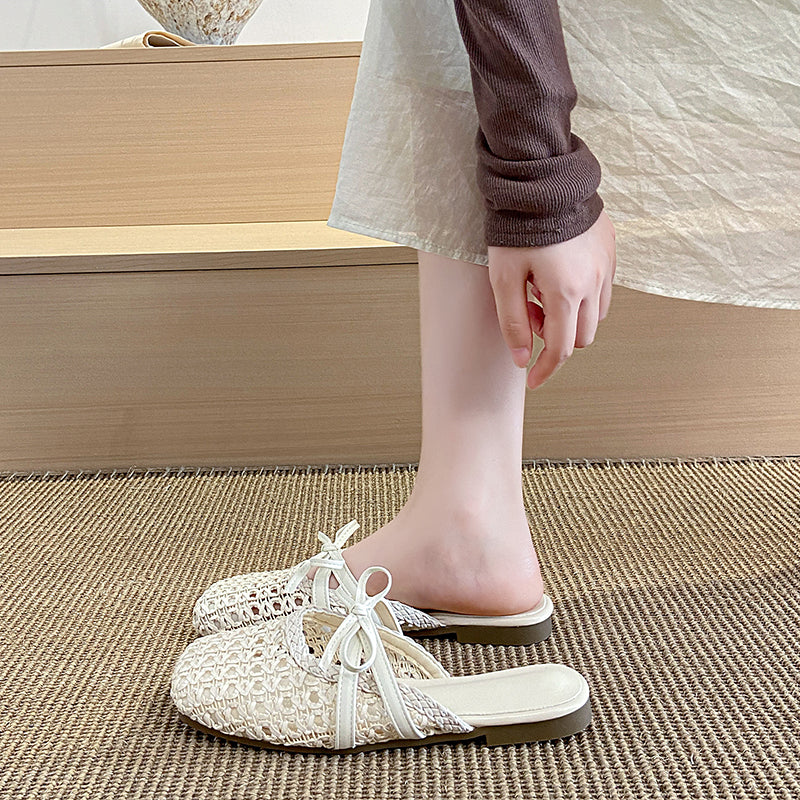 2026 Hot French Woven Hollow Out Mules For Women, Slip-on Flat Elegant Closed Toe Slides For Outdoor Summer Wear