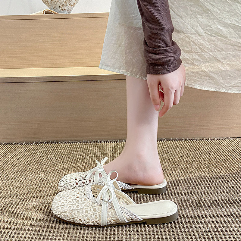 2026 Hot French Woven Hollow Out Mules For Women, Slip-on Flat Elegant Closed Toe Slides For Outdoor Summer Wear