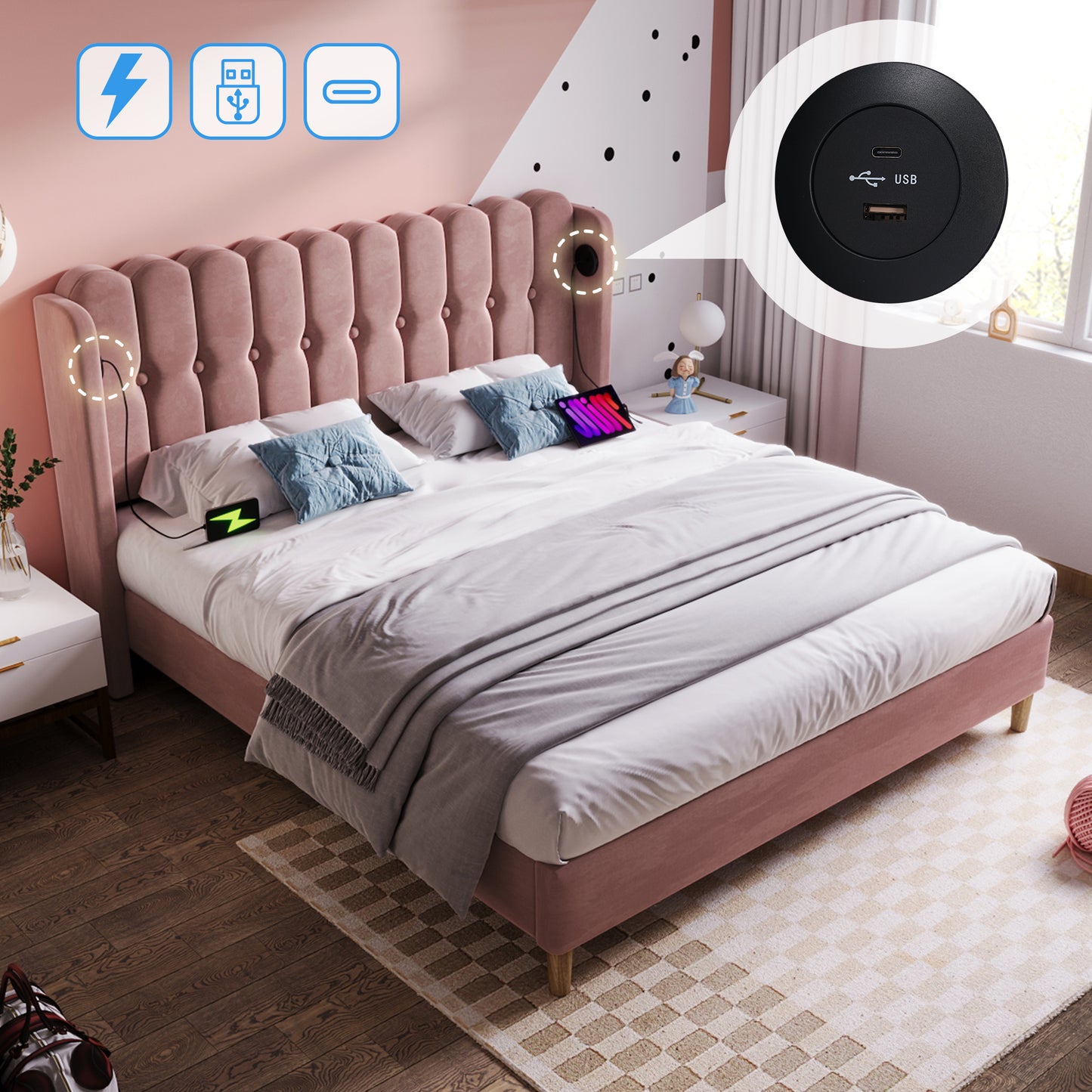 Upholstered Double Bed With USB And Type-C Charging, Bed Frame With Wooden Slatted Frame, Teenager Bed For Bedroom & Guest Room, 4ft6 135 X 190 Cm Bed Frame, Pink, Velvet Material