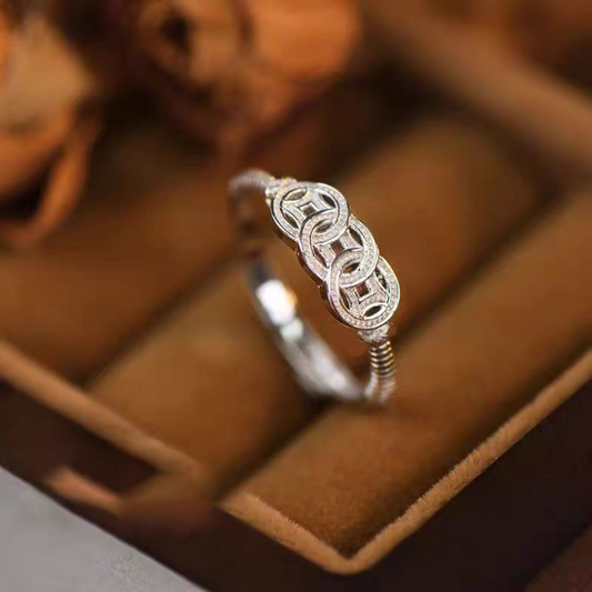 1pc 999 Sterling Silver Zircon Inlaid Coin Open Ring, Retro & Lucky Design, Perfect For Daily, Festivals & Gifting, Ideal Valentine's Gift