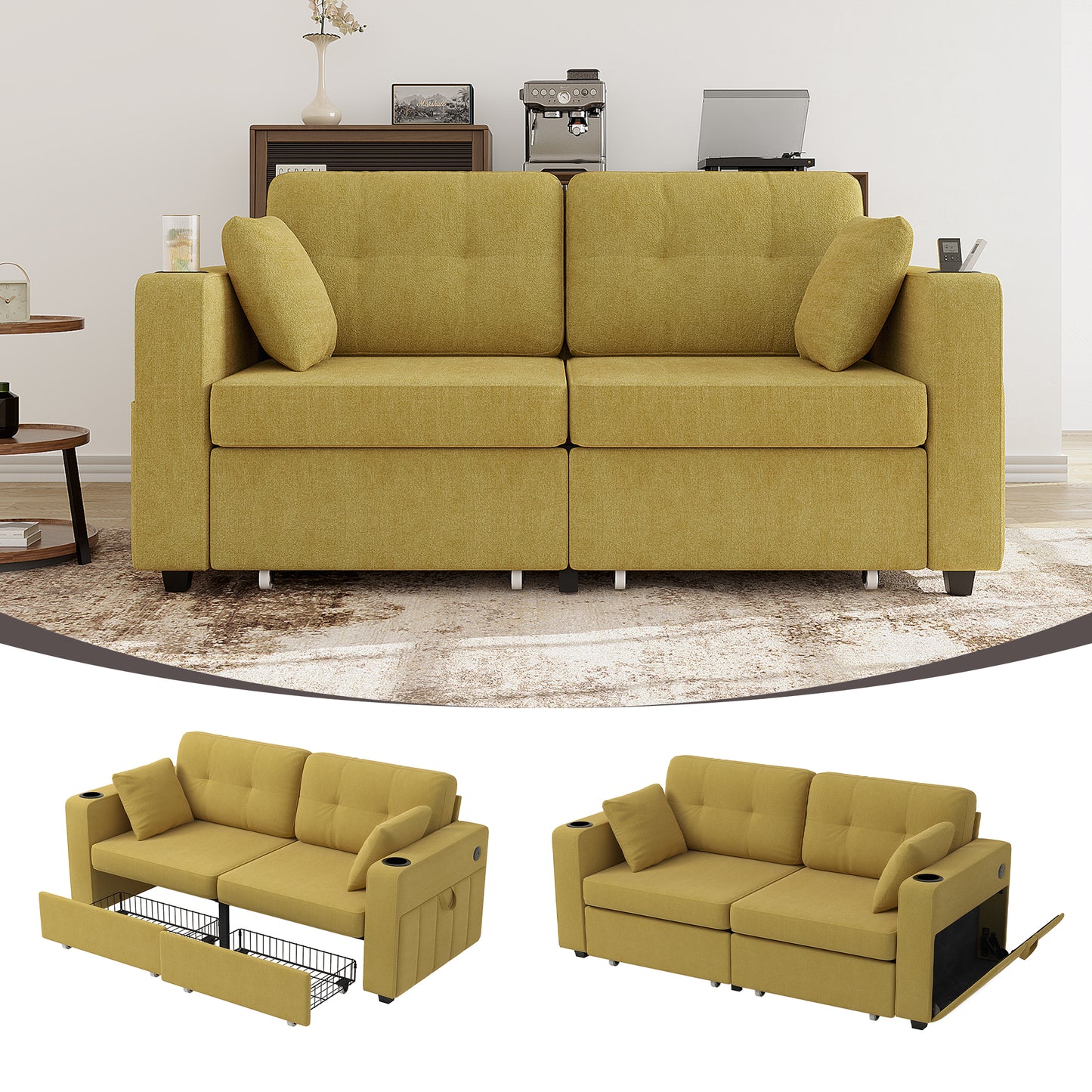 Sofas For Living Room, Couch Set,3 Seats Sofa, USB Charging,Wood Frame,Easy To Install,with Storage, Charging Station,Cup Holder,Modern Sectional Sofas For Living Room, Apartment,Chenille Fabric
