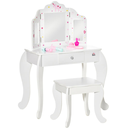 Kids Vanity Table And Chair Set With Tri-Folding Mirror And Stool, Makeup Dressing Table With Drawer, White