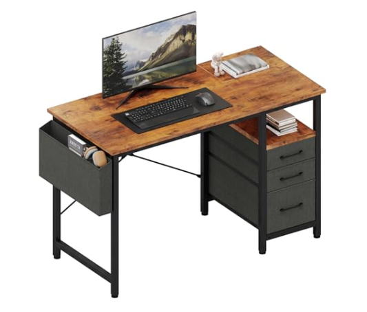 A 40-inch Computer Desk With Three Drawers And A Side Storage Bag, Suitable For Home Offices---brown