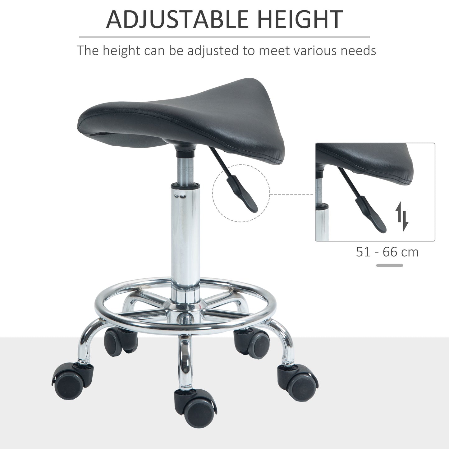 Salon Saddle Stool, Rolling Saddle Chair For Massage, Spa, Clinic, Beauty, Hairdressing And Tattoo, Black