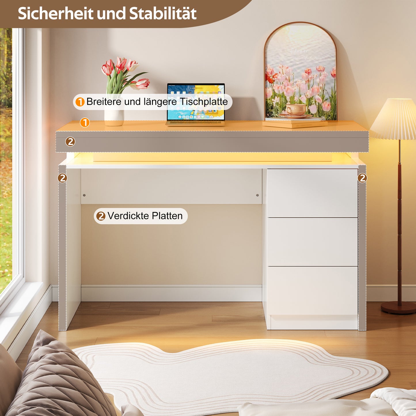 Modern LED Desk 120x50x78.5 Cm  Computer Desk With Three Drawers, Extended And Widened Work Surface, Reinforced Legs, Adjustable LED Lighting, Suitable For Home Office