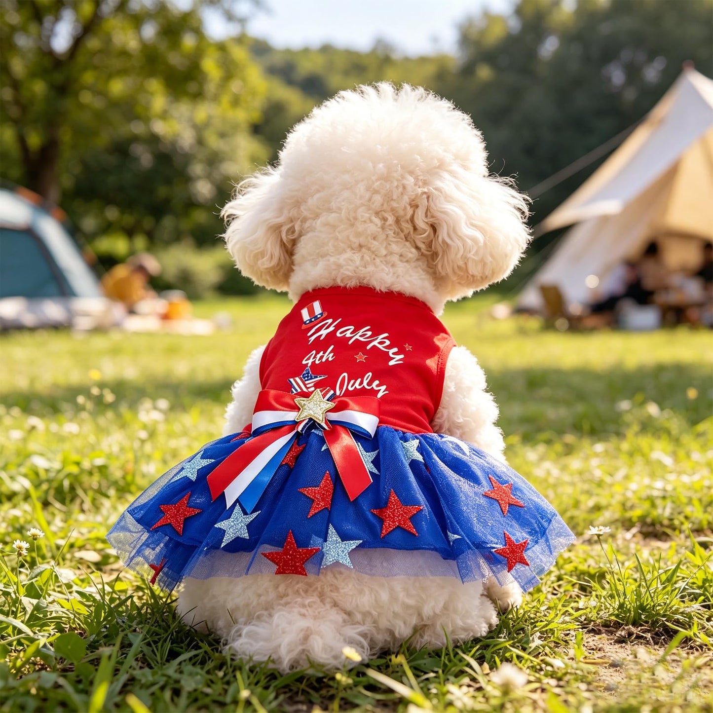 Dog Tulle Dress Independent Day Patriotic Stars Dog Outfit Sparkly Pet Holiday Dress With Bow For Small Dogs Cat Clothes