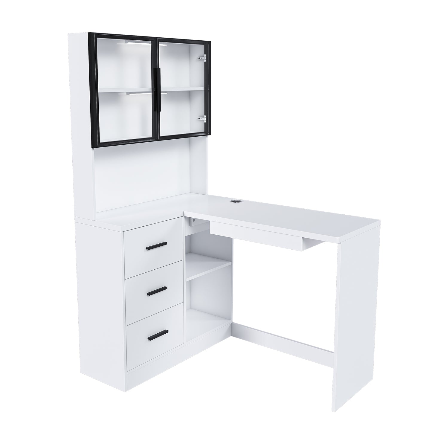 Computer Desk With Glass Cabinets & Built-In LED Lights, Corner L-Shaped Office Desk With USB Charging Ports, Keyboard Tray, Ergonomic Design For Home And Corporate Workspaces White
