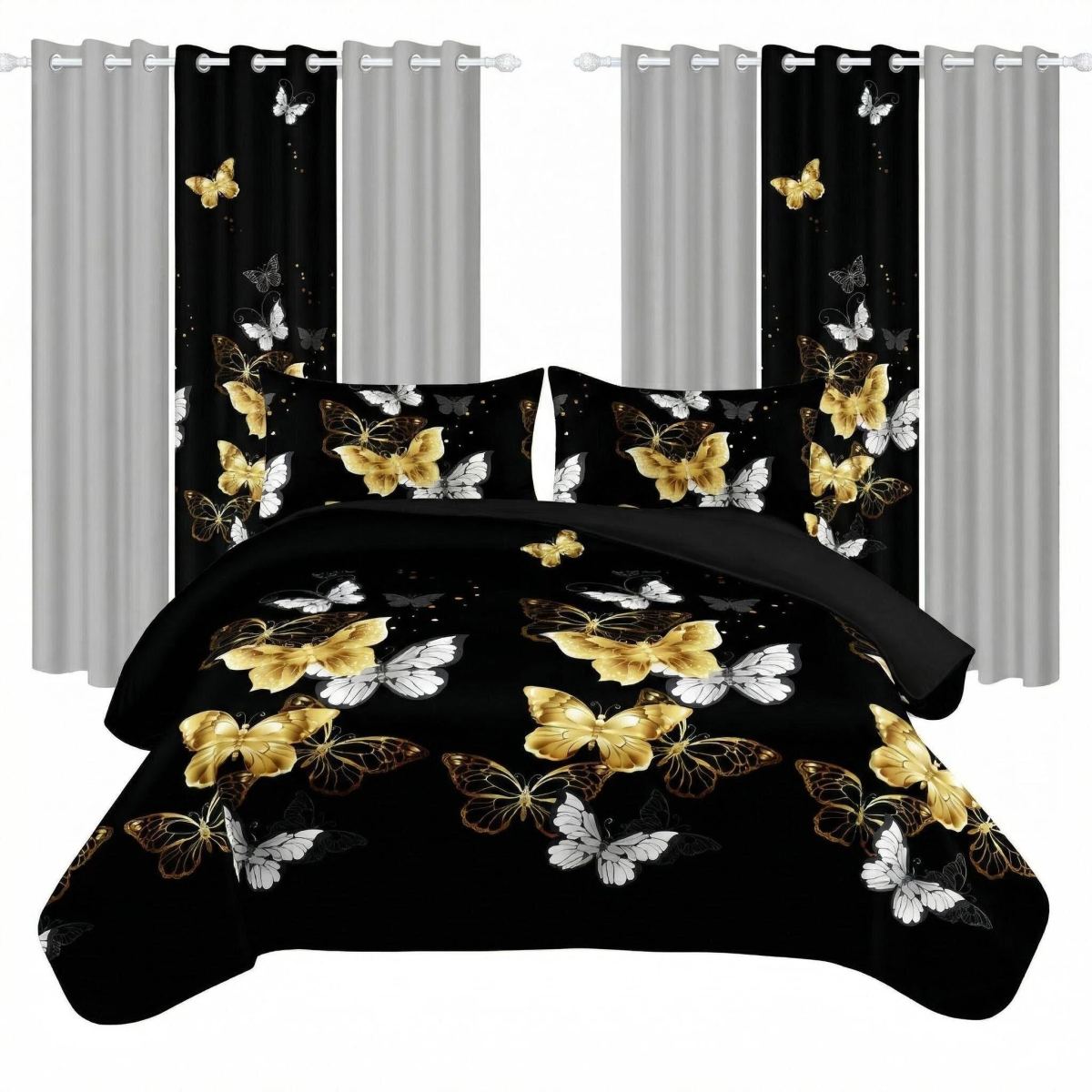 9 Piece Room In A Bag Quilt And Curtain Set, US Designer Black And Gold Butterfly Print Heavyweight Bedspread With 6 Customizable Window Panels, Pet-Friendly High GSM Coverlet