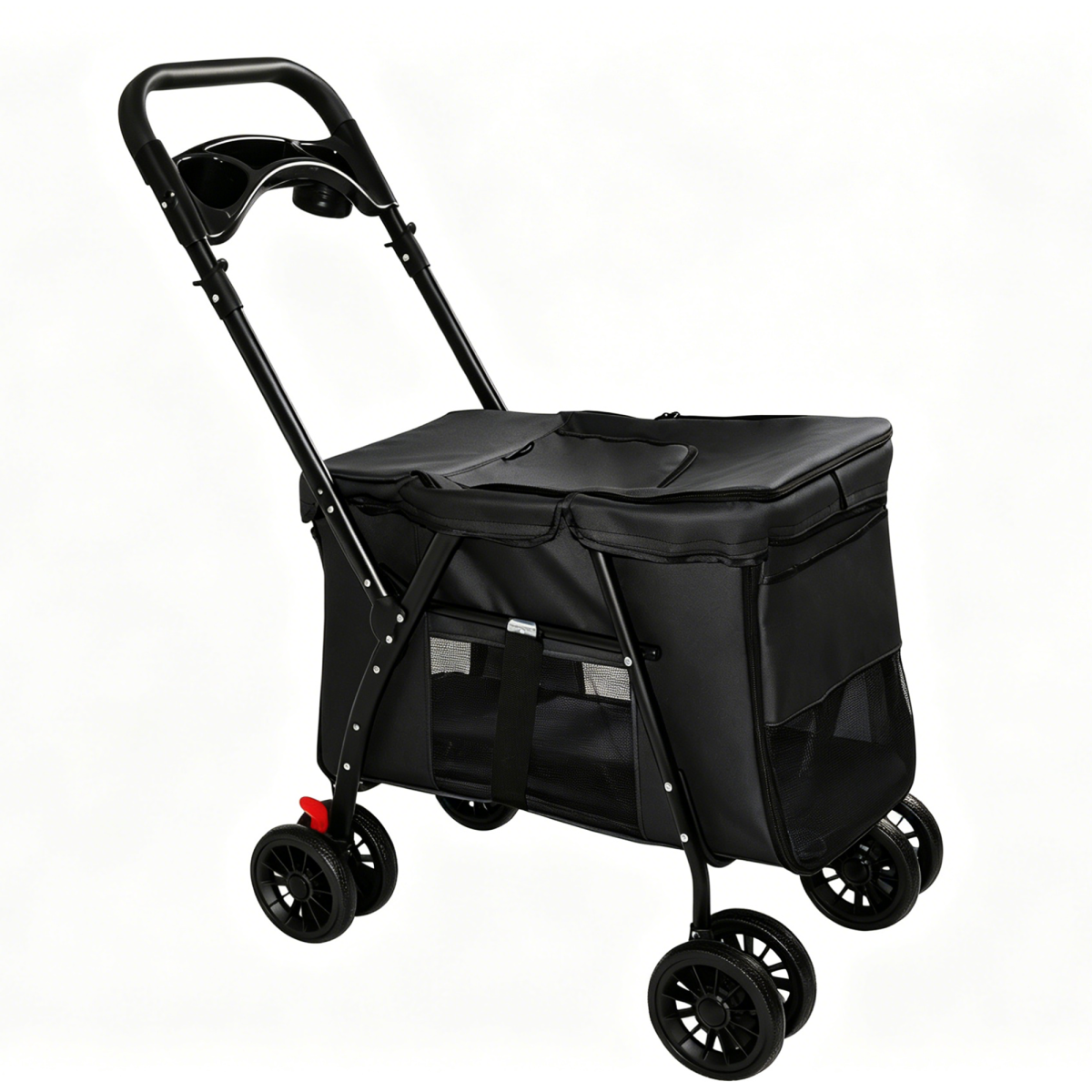 Pet Stroller, Foldable 4-Wheel Design, Breathable Mesh Dog Cat Stroller with Shockproof Wheels, Brake System, Storage Tray, 2 Fixed Safety Leashes, Large Space Pet Carrier for Small Medium Pets,Black