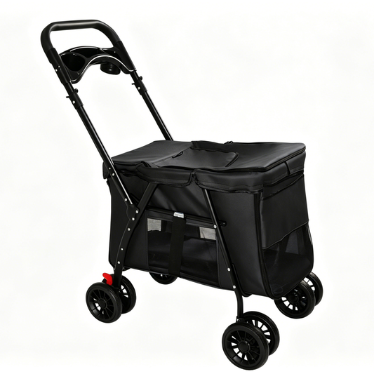 Pet Stroller, Foldable 4-Wheel Design, Breathable Mesh Dog Cat Stroller with Shockproof Wheels, Brake System, Storage Tray, 2 Fixed Safety Leashes, Large Space Pet Carrier for Small Medium Pets,Black