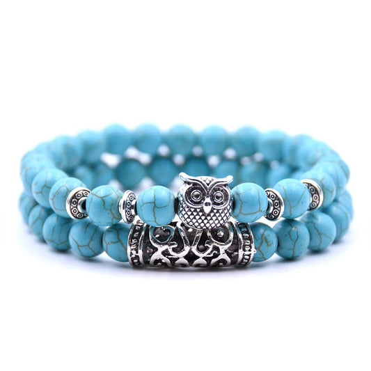Natural Turquoise Bracelet Couple Alloy Accessories Bracelet Double Row Two-Circle Owl Beaded Bracelet