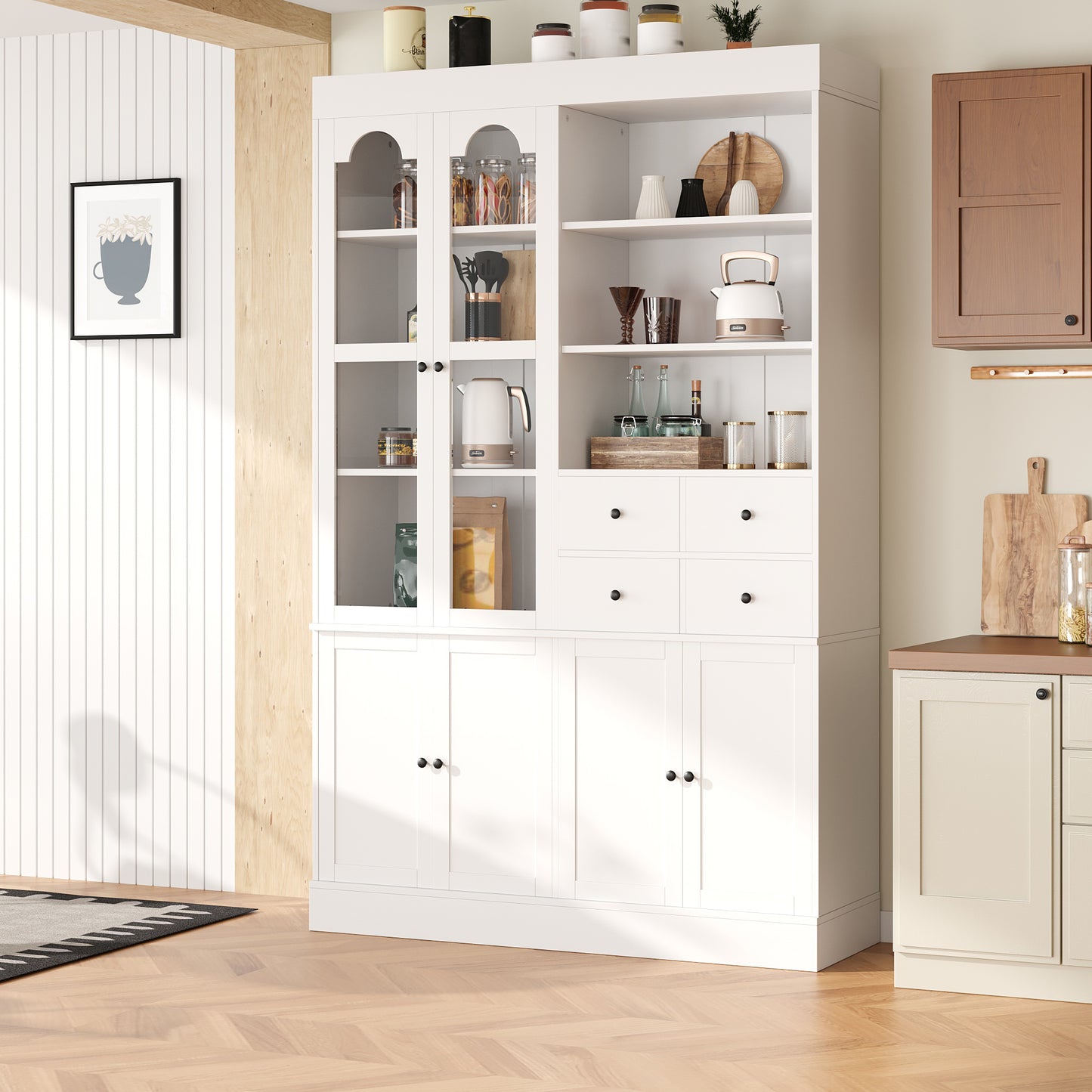 TOPMAx 47.2x15.7x75inch Freestanding Buffet With Hutch  Tall Kitchen Pantry Cabinet With 4 Drawers  Door Shelves And Pull- Out Trays For Dining Room  Living Room  White