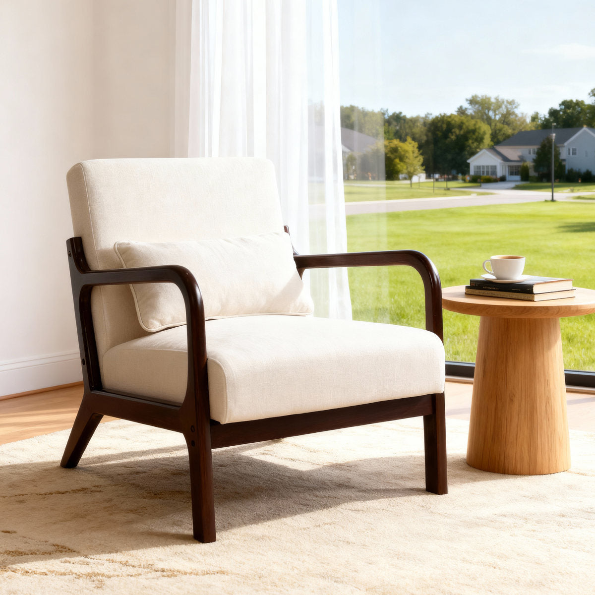 Mid Century Modern Armchair, Accent Chair with Solid Wood Frame and Detachable Lumbar Pillow for Living Room, Bedroom, Office(Beige)Chair Frame with a Brown Finish