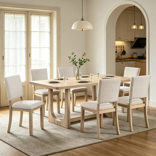 7-Piece Dining Table Set for 6, 68 Inch Rectangular Kitchen Table with 6 Upholstered Chairs, Natural Wood Dining Room Furniture Set with Sturdy U-Shaped Frame for Family, Apartment, Dining Room