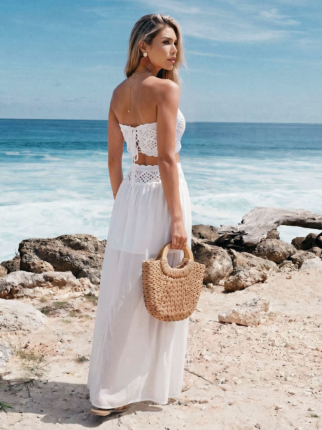 New 2-Piece Outfit, Reversible Long Chiffon Beach Dress With Liner, Tie Waist Crochet Hollow Out Cover Up Set