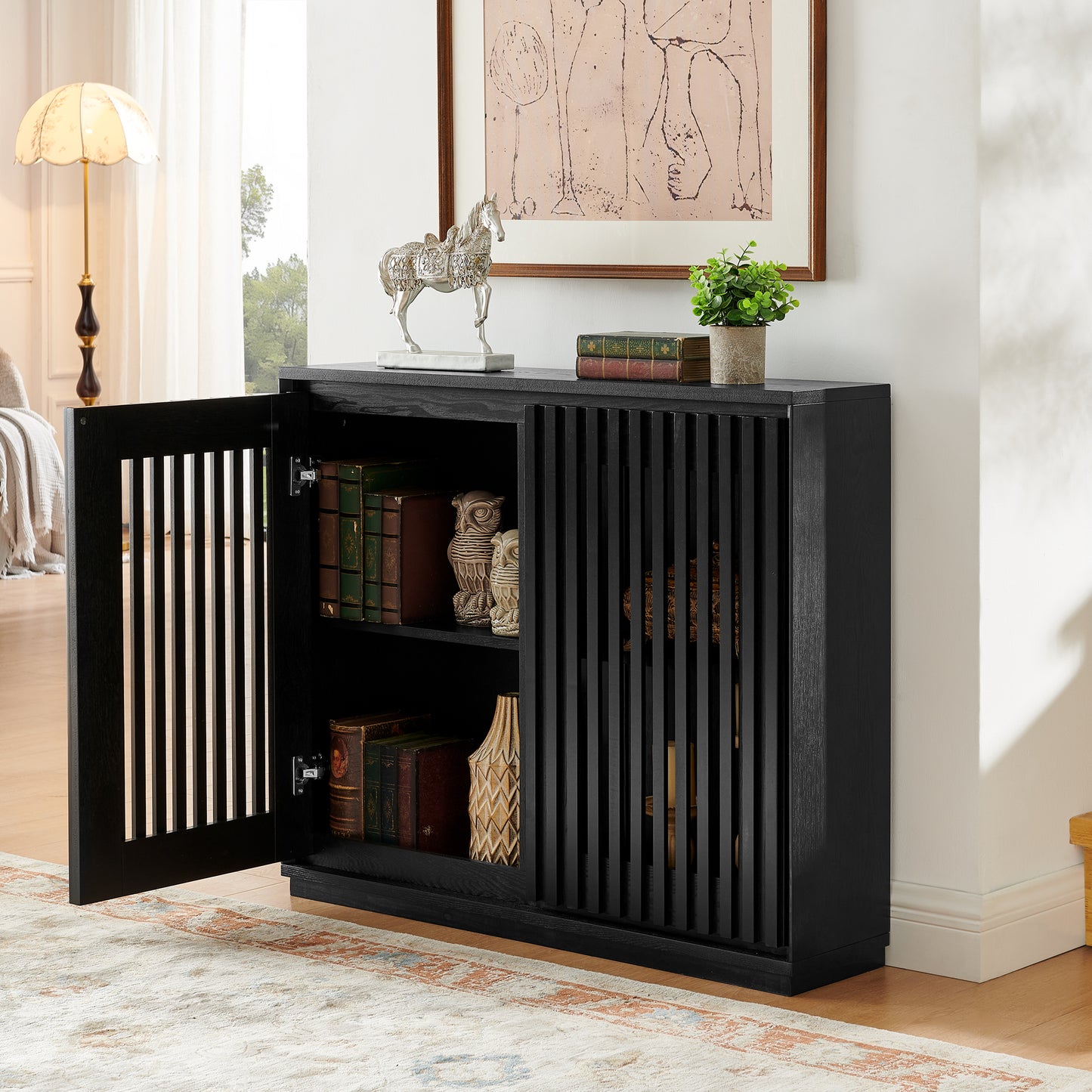 Mid Century Modern Fluted Hollowed Out Sideboard Cabinet With 2 Outlet Holes, Buffet Cabinet With Storage, Black Storage Cabinet For Living Room, Entryway, Hallway, Dining Room, Kitchen