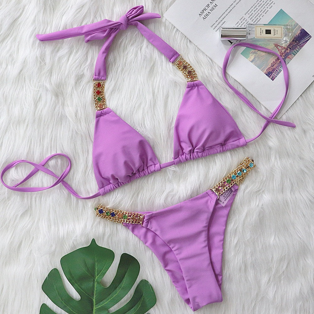 Metal Accessories Rhinestone Pure Color Bikini Women