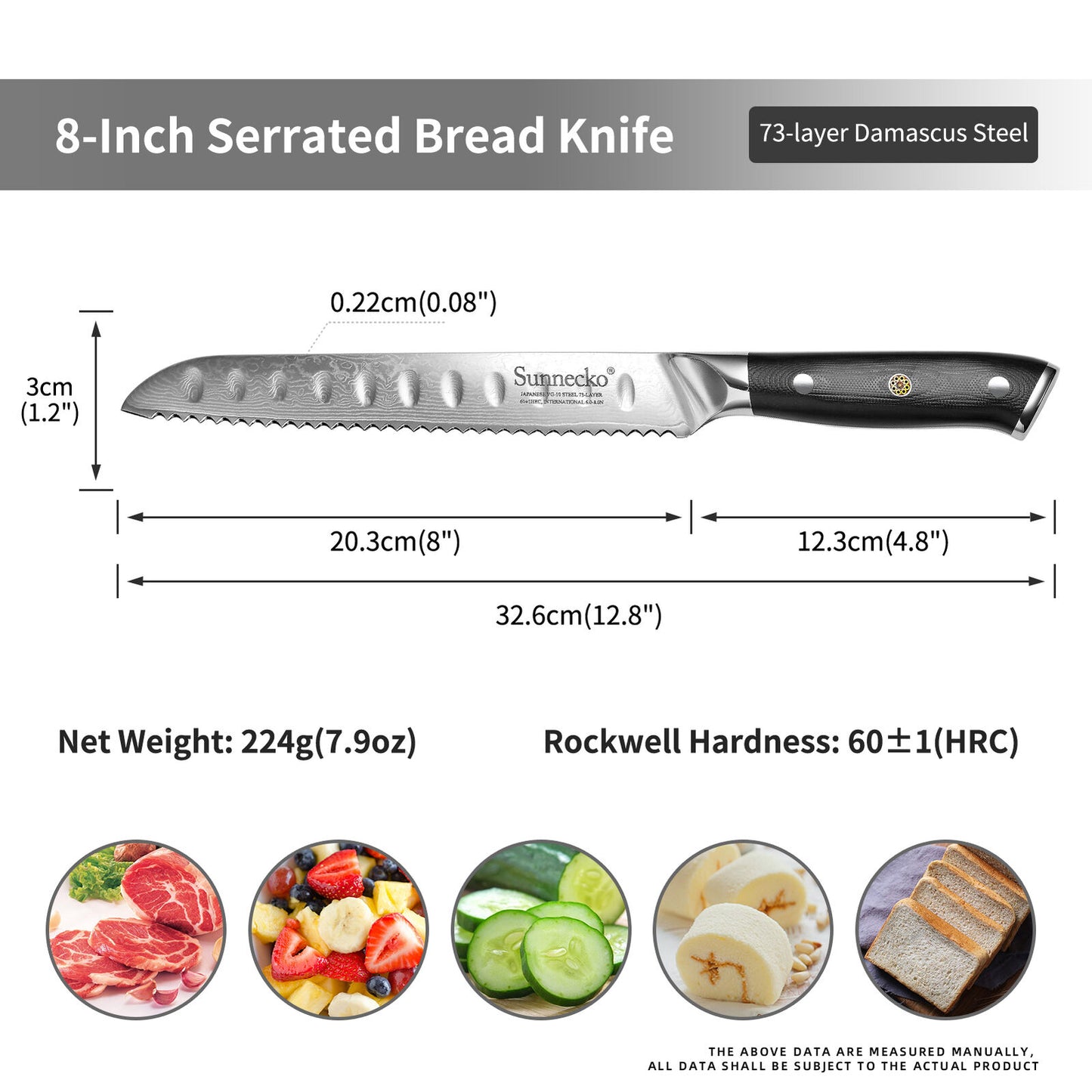Sunnecko Serrated Bread Knife 8 Inch Damascus Steel Kitchen Sandwich Knife