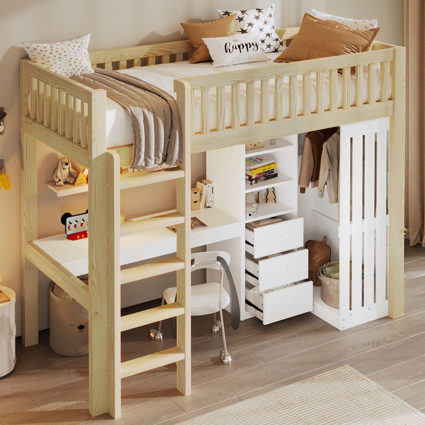 Loft Bed, 90x200cm , Desk, Wardrobe, 3 Drawers, Open Storage Space, Railing, Stairs, Without Mattress, Natural