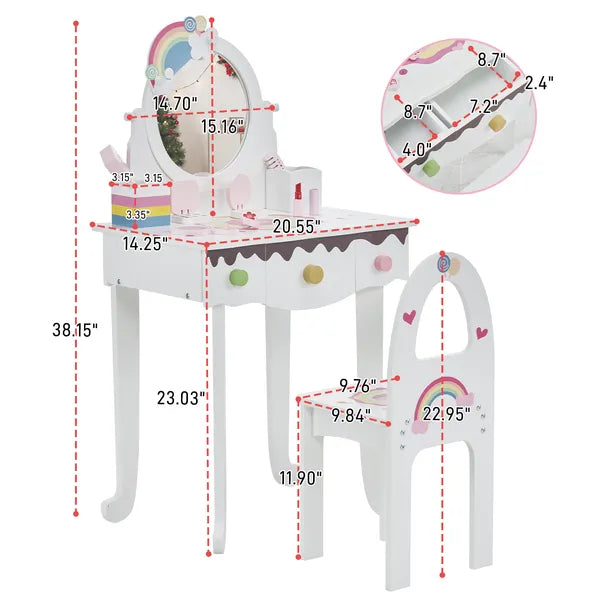 Kids Vanity Table And Chair Set With 7pcs Pretend Play Makeup Toys, Girls Vanity With Mirror & Stool, 3 Drawers & Tabletop Storage, Princess Table For Toddlers, White