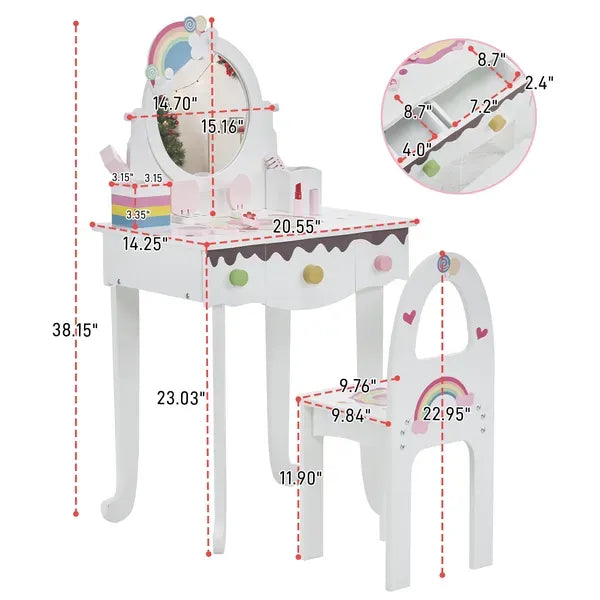 Kids Vanity Table And Chair Set With 7pcs Pretend Play Makeup Toys, Girls Vanity With Mirror & Stool, 3 Drawers & Tabletop Storage, Princess Table For Toddlers, White