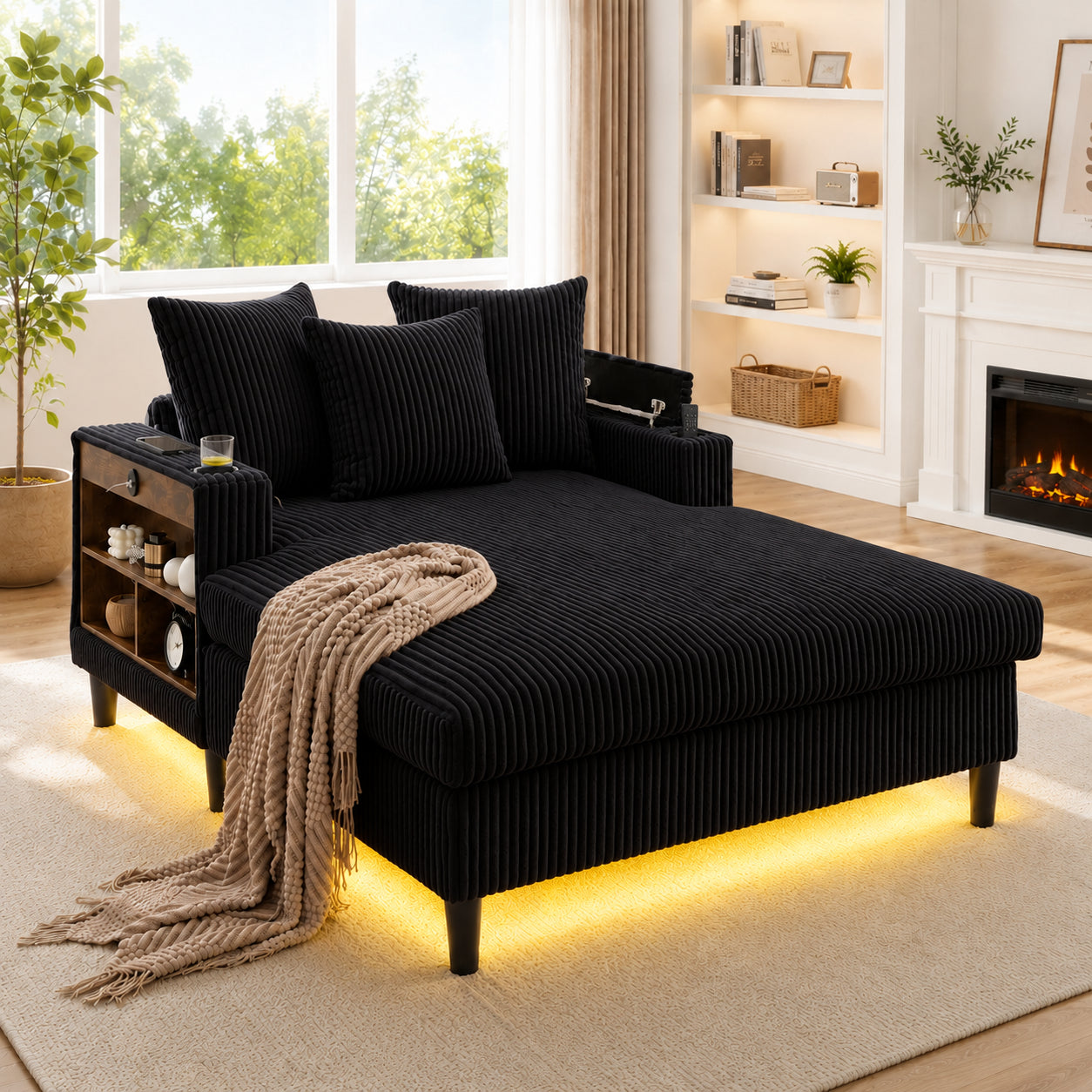 Multifunctional Corduroy Lounge With Chaise Longue With Large Lying Surface, Cup Holders On Both Sides, LED Lighting, Side Pocket, Storage Space, USB Charging Port, Sturdy Plastic Feet  Versatile.