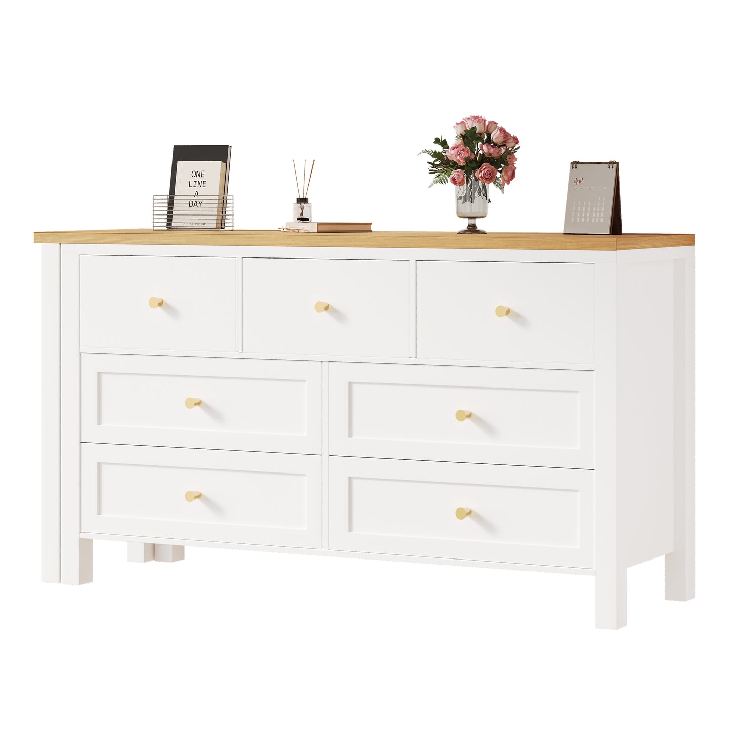 Desk With 7-Drawer Chest Of Drawers -2-in-1 Swivel Workbench And Sideboard, Oak Look, 360 Swivel Table Top, White  Natural, Desk, Dressing Table, L-Shaped Corner Desk