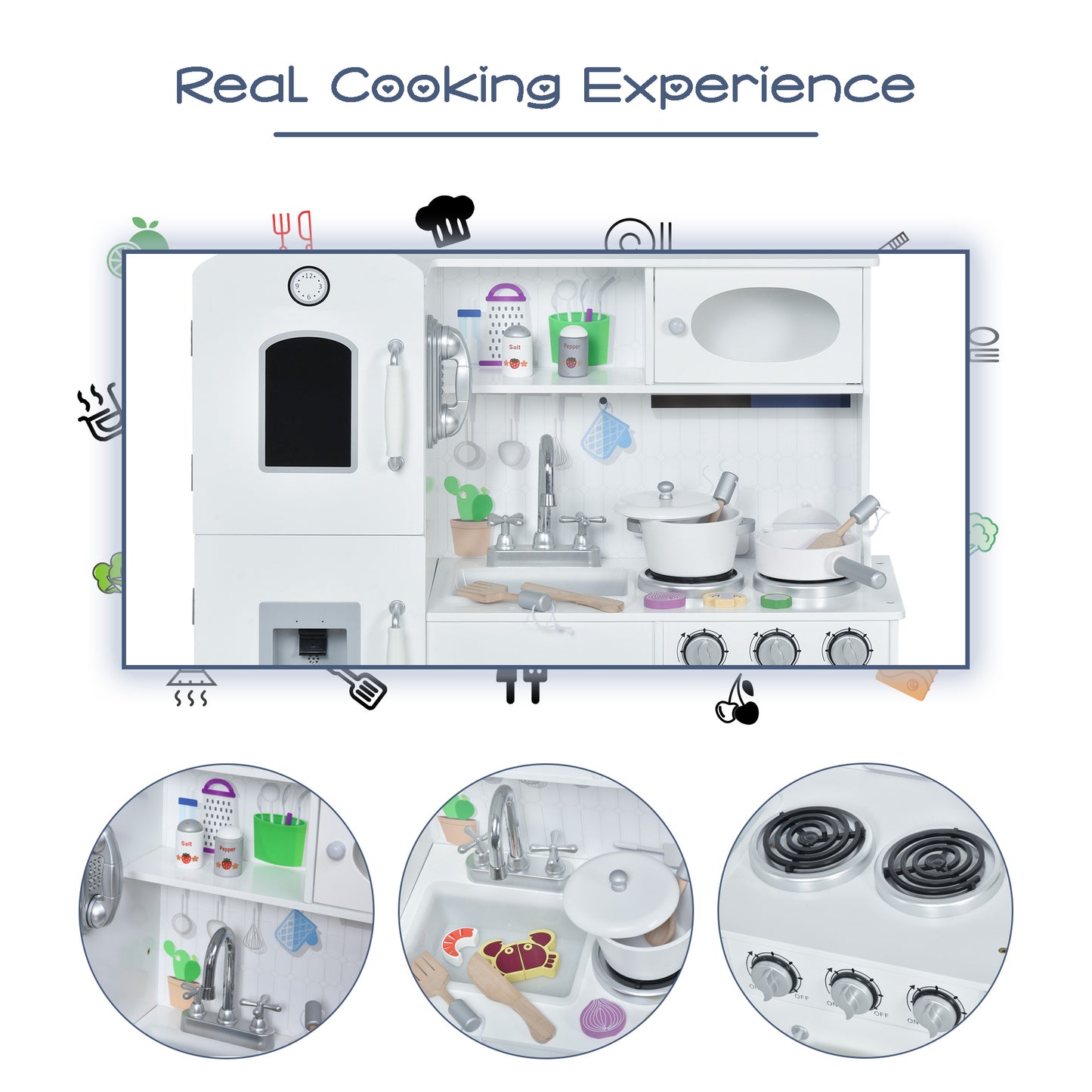 Kids Kitchen Playset with Telephone, Wooden Kitchenette for kids with Cookware, Storage Cabinet, Water Dispenser, Blackboard, Toddler Pretend Play Kitchen with Cooking Accessories for Aged 3+
