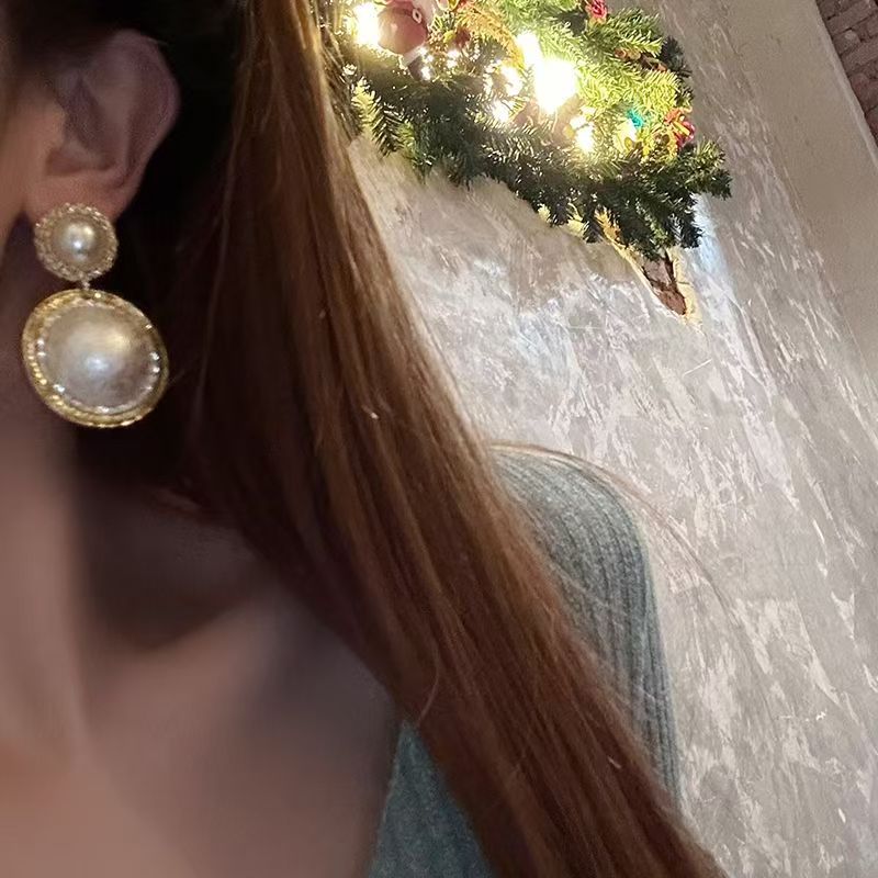 Korean Style Geometric Round Diamond-Studded Drop Earrings, Retro Cotton Pearl Earrings, Light Luxury Niche Premium Jewelry For Women