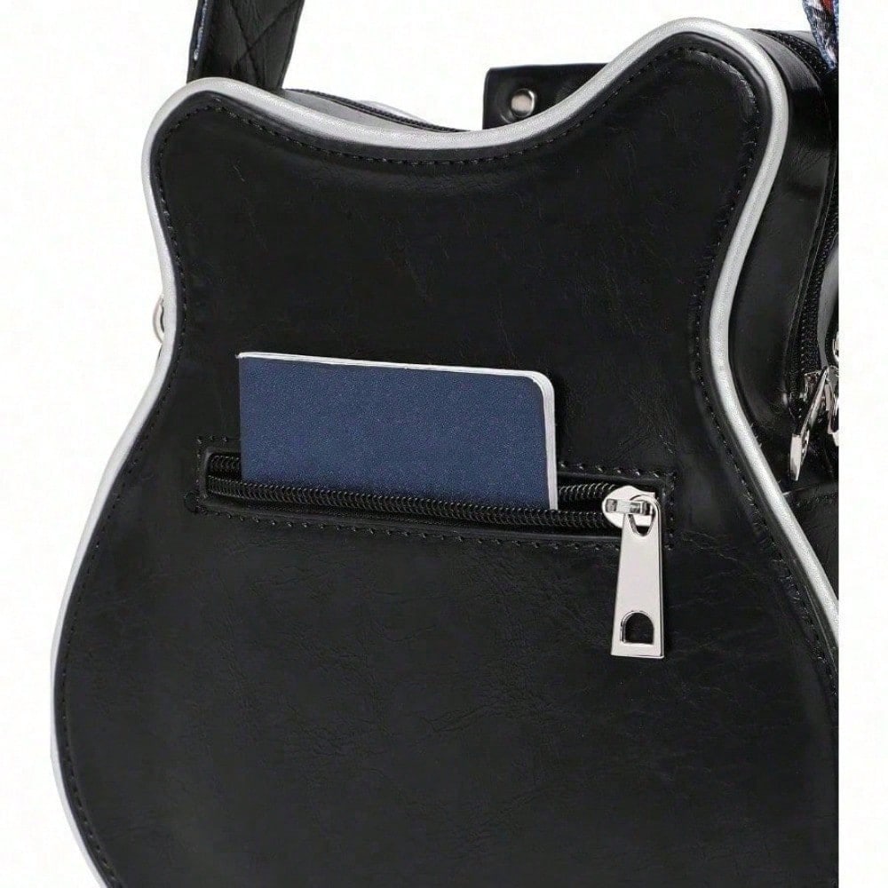 Romantic Gifts Personality Novelty Guitar Shaped Crossbody Bag Style Rivets Decor Shoulder Handbag For Women. Tote Bags For Women, Black Bag, Shoulder Bag, Crossbody Bag, Valentine's Day Gifts