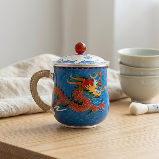 925 Sterling Silver Handcrafted Cloisonné Enamel Dragon Tea Mug with Wicker Handle and Ornate Lid - Handicraft