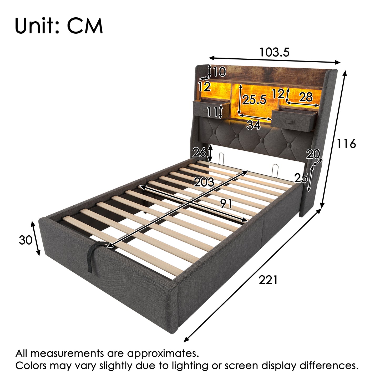 Upholstered Bed 90x200 Cm With Hydraulic Storage & LED Headboard, 4 Charging Stations  USB Type-C , Single Bed Incl. Slatted Frame, Grey Linen Fabric  Without Mattress