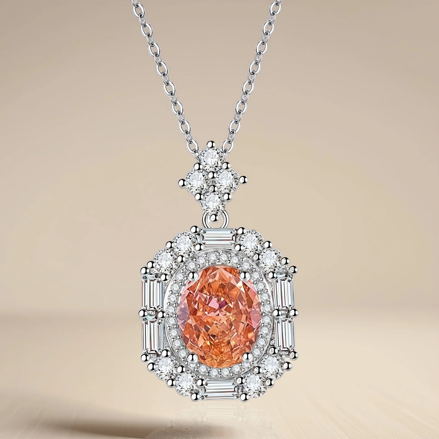 Oval Cut  CZ Multi-Shape Halo Pendant Necklace For Women, Copper Plated Silver Round & Baguette White Cubic Zirconia Vintage Royal Wedding Bridal Statement Jewelry Gift