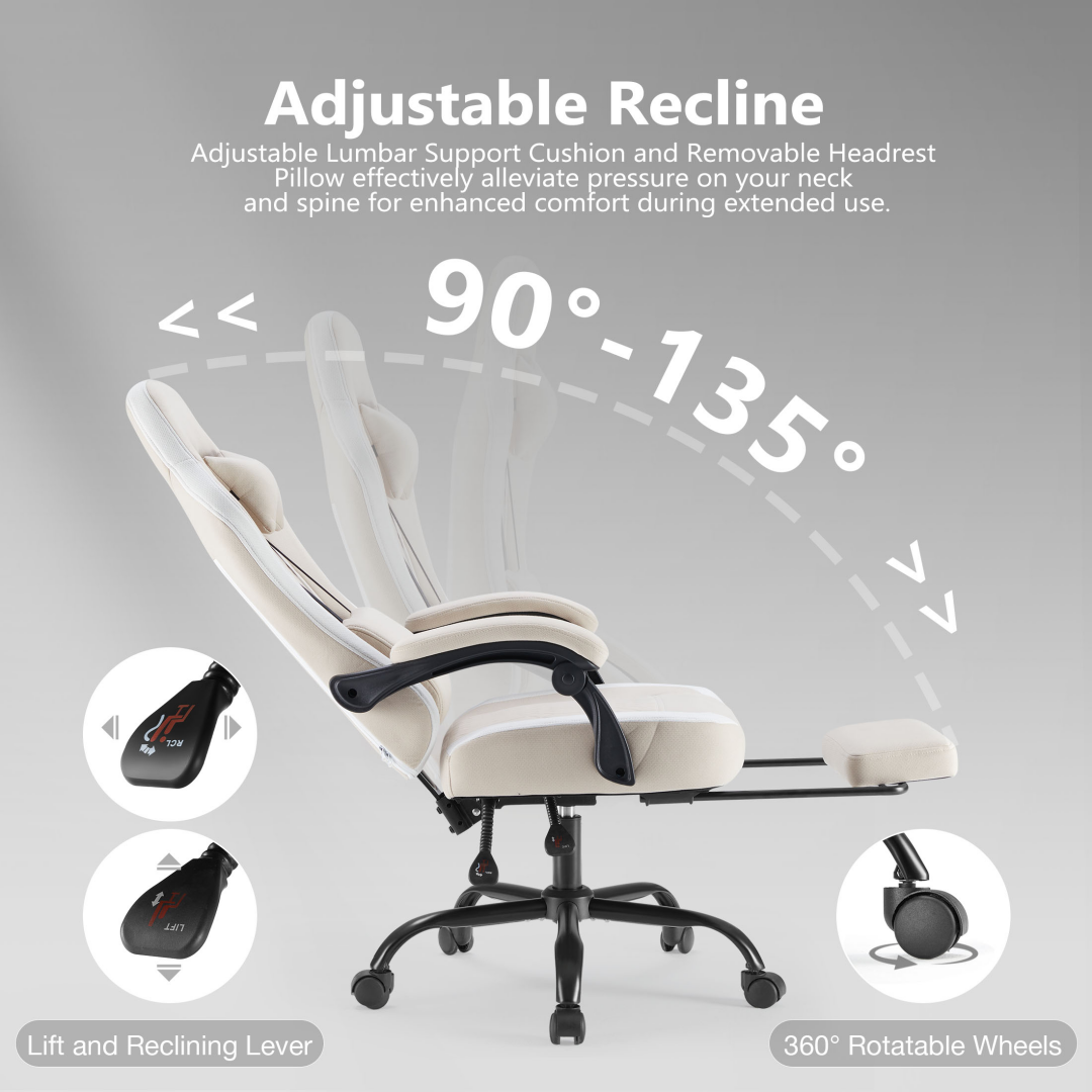 Computer Game Chair - Lumbar Support, Adjustable Height With Armrests And Headrests, 360 Rotating Wheels