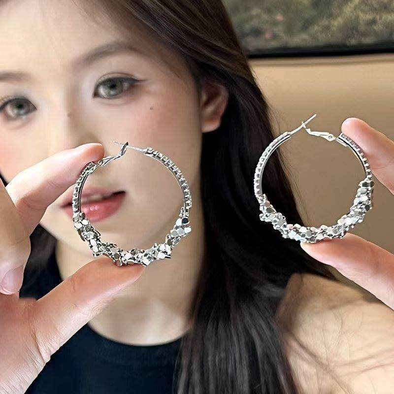 Korean Chic Style Silver Sparkling Rhinestone Big Hoop Earrings For Women, Light Luxury High-End Bold Personality Circle Stud Ear Jewelry