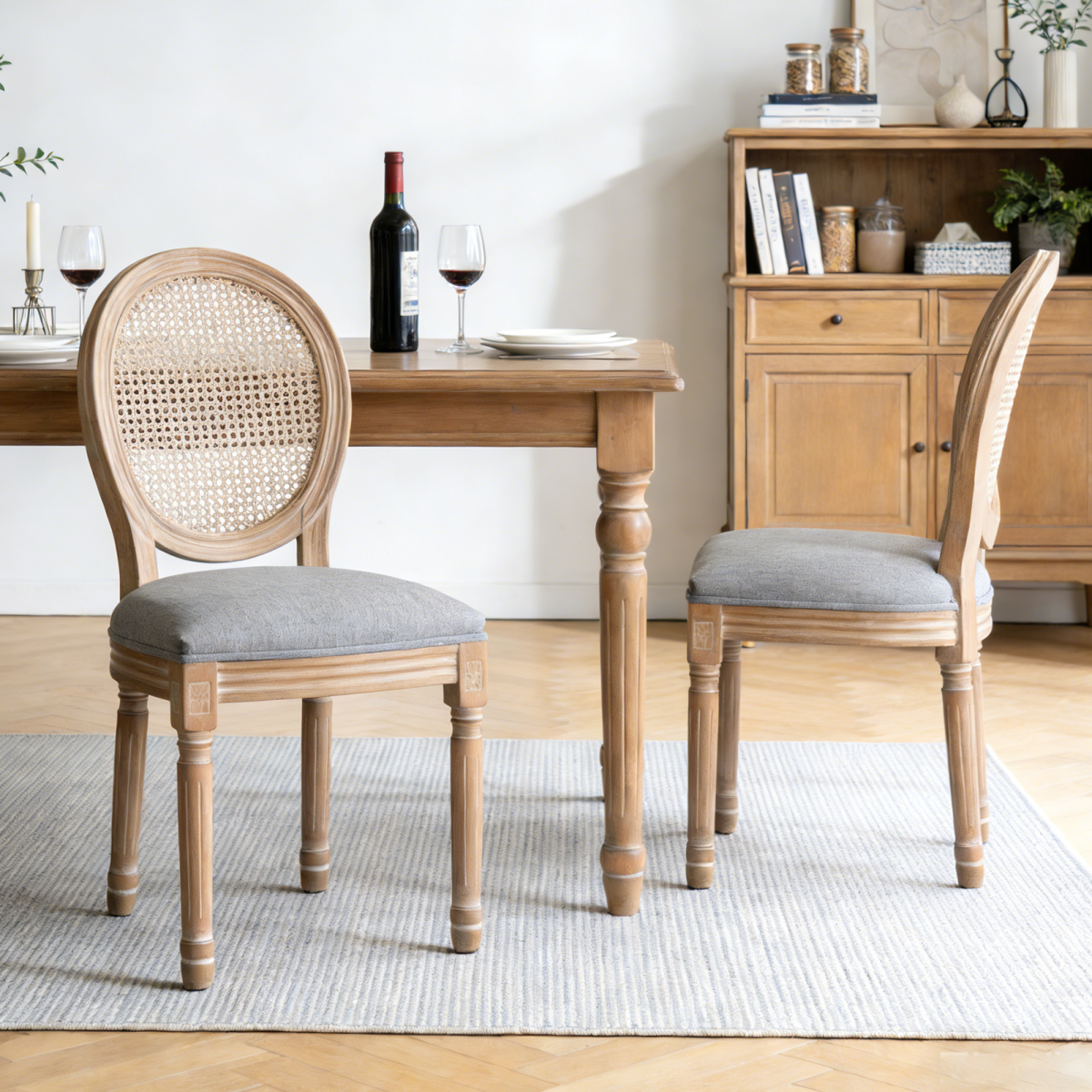 Farmhouse Solid Wood Frame Dining Chairs with Cushioned Linen Seat & Woven Rattan Backrest for Kitchen, Dining Room, Living Room, Grey, Set of 2