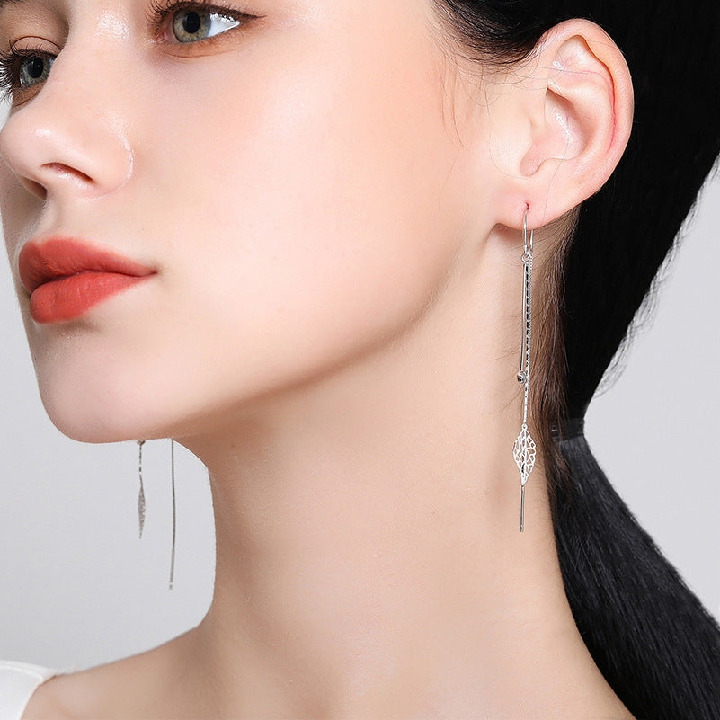 1 Pair 999 Sterling Silver Hollow Leaf Long Tassel Threader Earrings, Minimalist & Elegant, Perfect For Daily, Dating & Business, Ideal Valentine's Gift