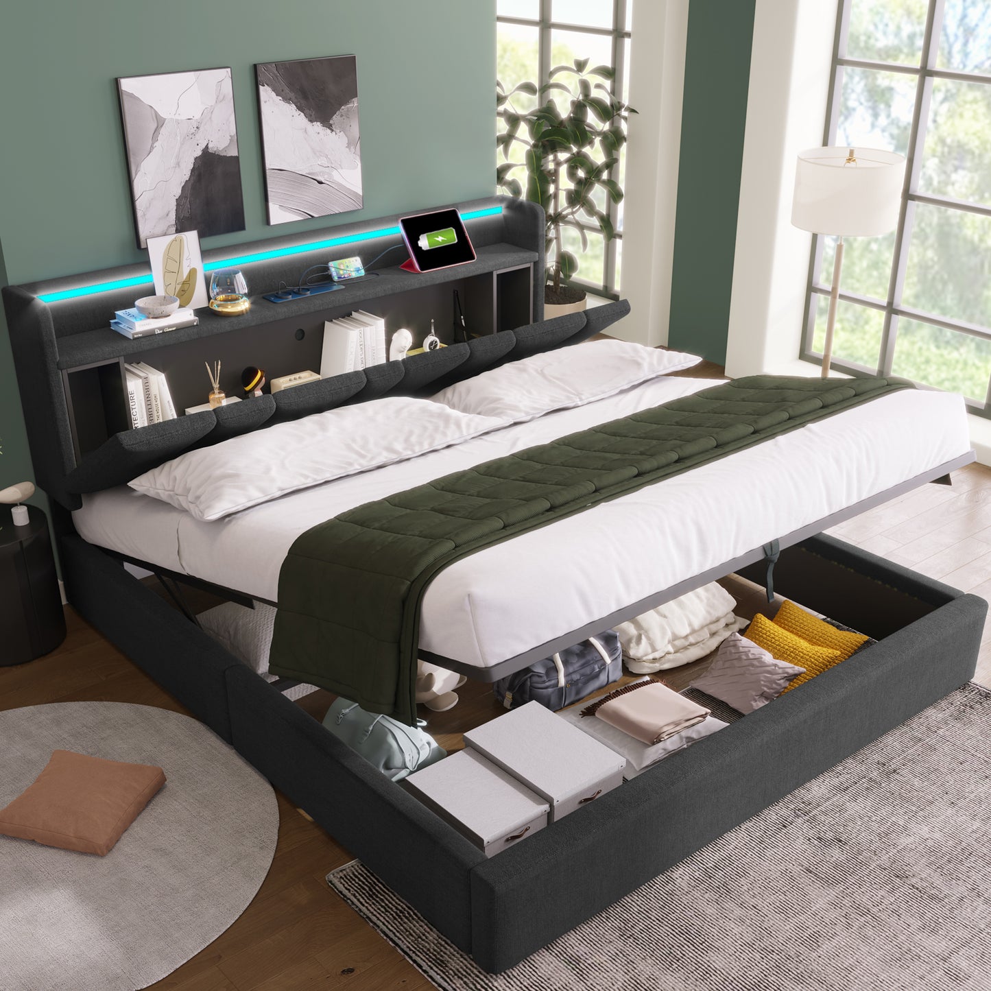 Upholstered Bed Double Bed With Charging USB Charging Function Storage Headboard And LED Lighting,Double Bed 160x200cm Storage Beds Bed Frame, Wooden Slatted Base, Grey Without Mattress