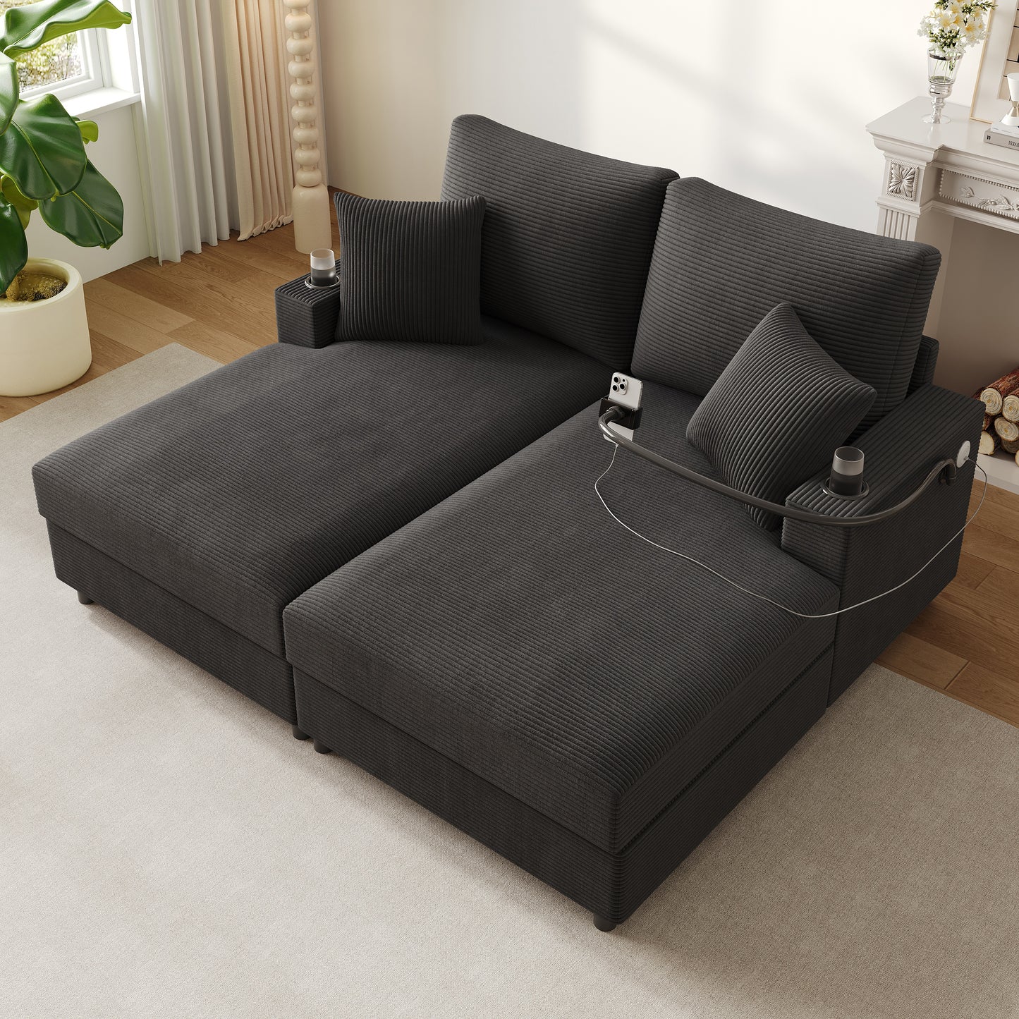 Double Sofa Bed With Sleeping Function, Padded Lying Surface, Mobile Phone Holder, USB Port And Cup Holder. Suitable For Living Room, Bedroom Or Home Theater. Gray.