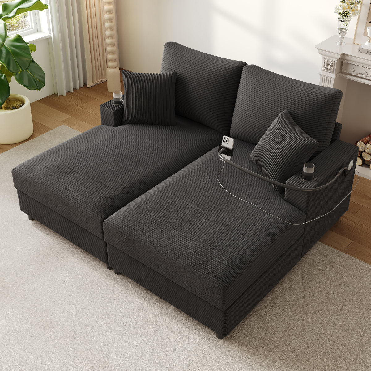 Double Sofa Bed With Sleeping Function, Padded Lying Surface, Mobile Phone Holder, USB Port And Cup Holder. Suitable For Living Room, Bedroom Or Home Theater. Gray.