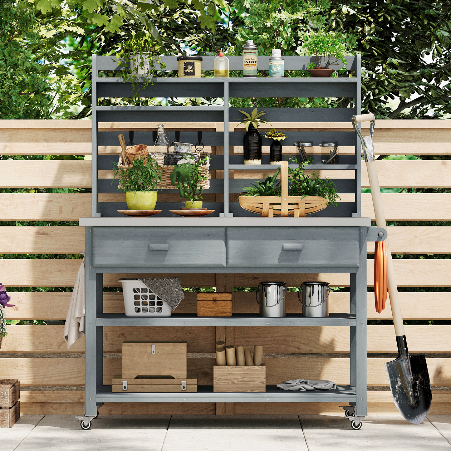 K&K 64.9 H Outdoor Potting Bench Table With Lockable Wheels, Solid Wood Outdoor Kitchen Island With Upper Hutch, Stainless Steel Top, Towel Rack ,Outdoor Storage For Grilling, Lawn Garden  Grey Blue