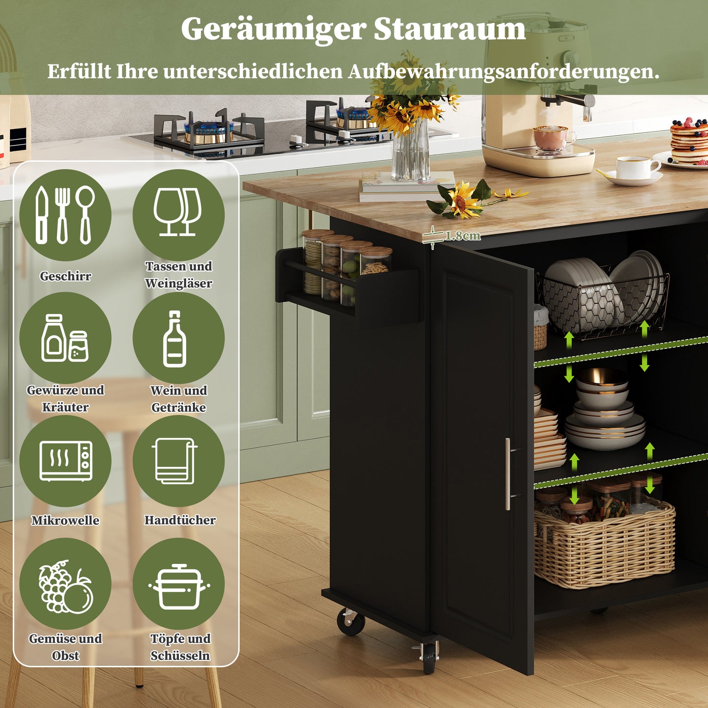 L137xW43 XH92cm Large Mobile Kitchen Table, Oak Countertop, Folding Design, Multifunctional Cabinet, 3 Drawers, Towel Rail, Suitable For Kitchen, Dining Room, Home