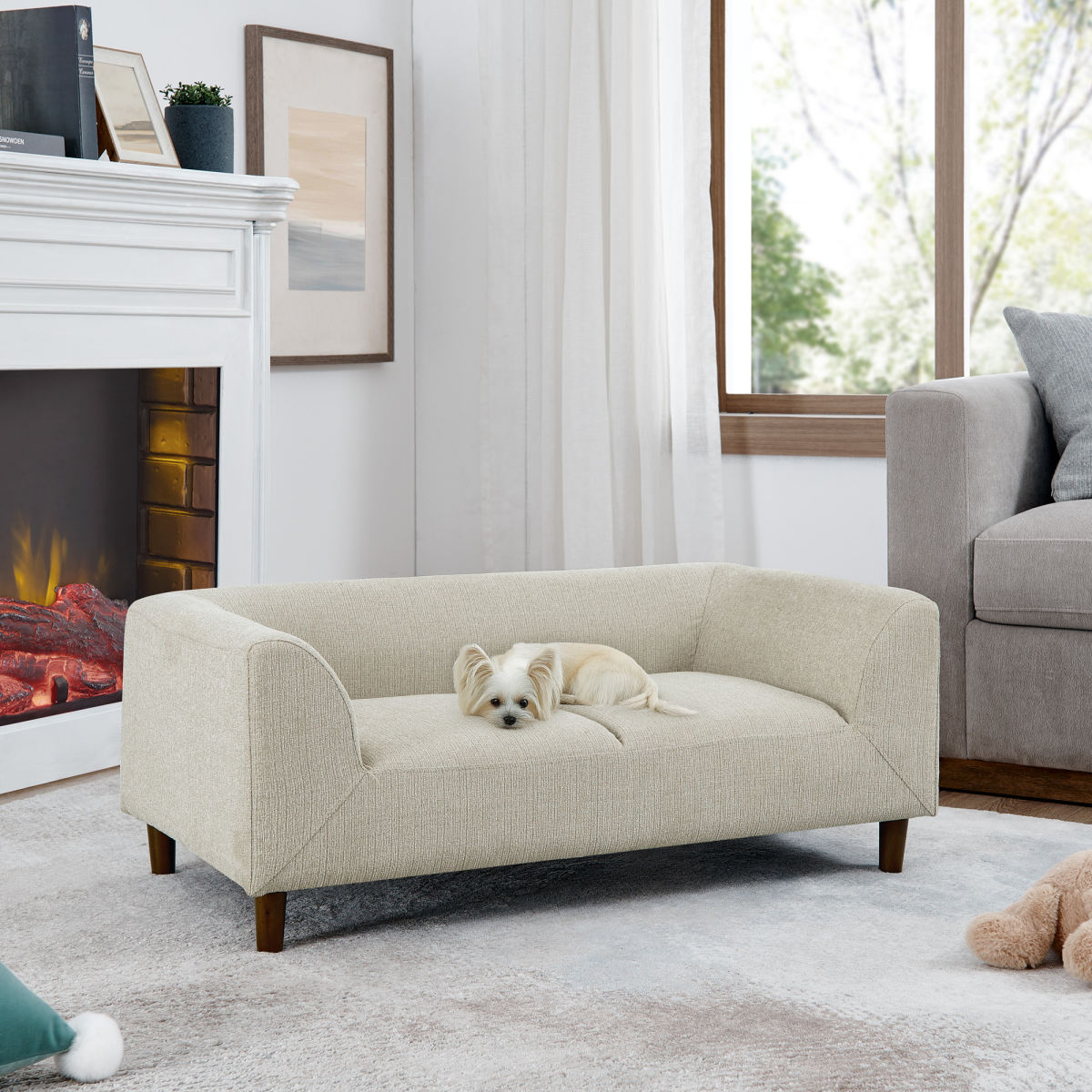 Pet Sofa With Backrest And Armrests, Modern Rectangular Pet Sofa Suitable For Small And Medium Dogs, Soft Cushion Comfortable Dog Sofa,--BEIGE