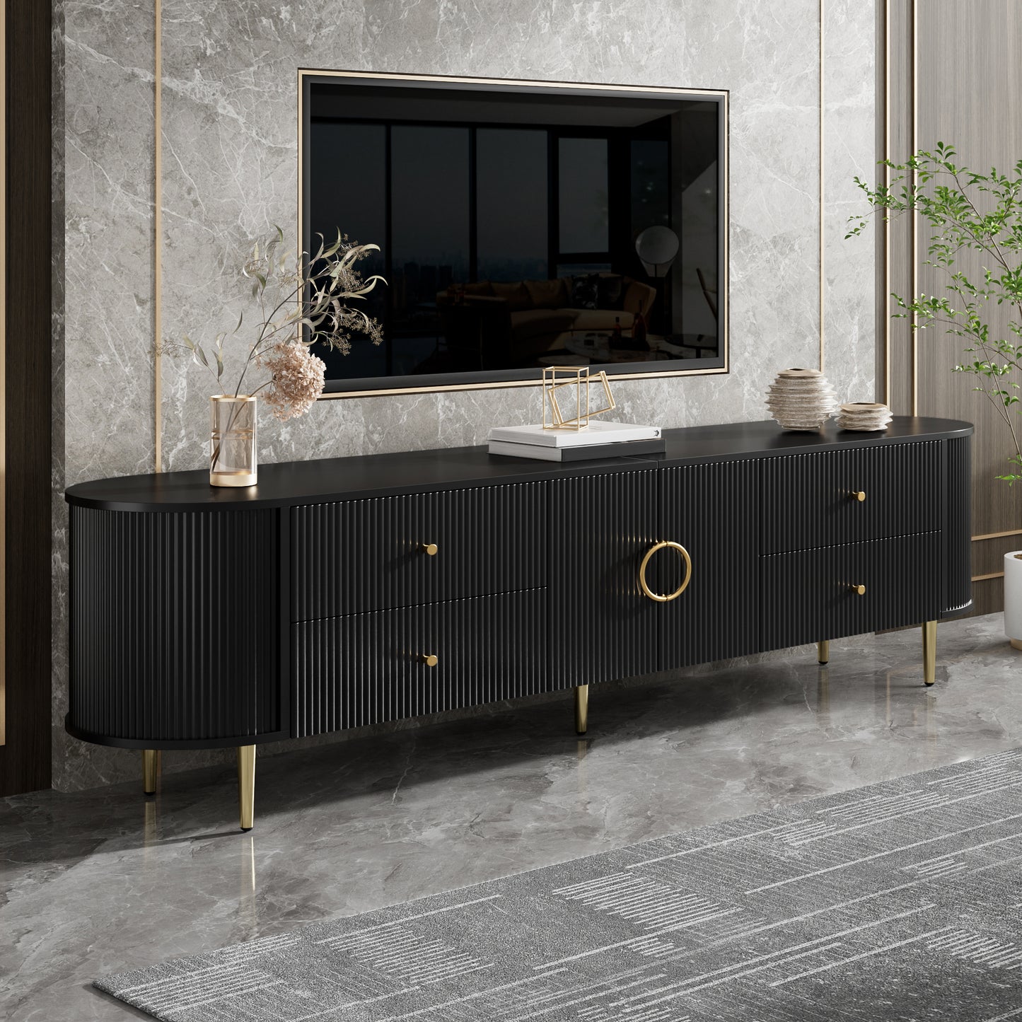 TV Cabinet, Lowboard, Three-dimensional Wave Structure, Rounded Edges, MDF Body, Aluminium Handles, Iron Feet, Fixed Shelf, Cable Outlet, Living Room